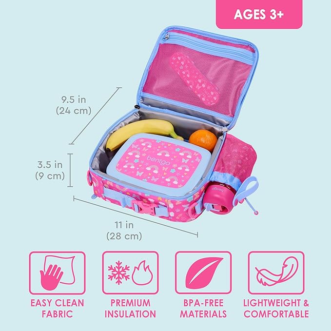 Bentgo Kids Lunch Bag - Durable, Double-Insulated Lunch Bag for Kids 3+; Holds Lunch Box, Water Bottle, & Snacks; Easy-Clean Water-Resistant Fabric & Multiple Zip Pockets (Rainbows & Butterflies)