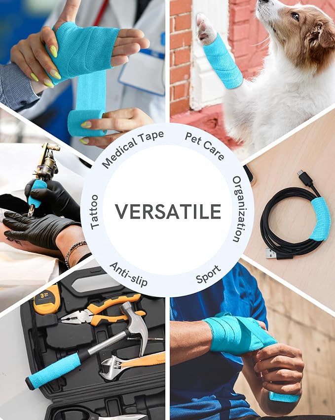 FriCARE Self Adhesive Bandage Wrap, Medical Tape in First Aid Kit, Cohesive Bandages for Wounds Sport Vet, FSA/HSA Eligible, 2 Inches X 5 Yards 6 Rolls, Cerulean Blue