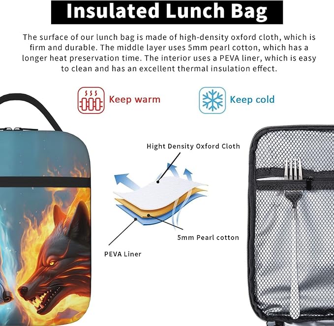 SARA NELL Wolf Insulated Lunch Bag Cool Ice and Fire Wolf Lunch Cooler Box for Women Men Teens Kids, Reusable Lunch Tote Bag, Leakproof Insulated Lunch Bags for Work, Picnic, School or Travel