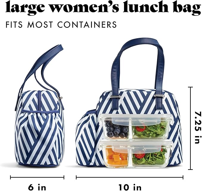 Fit & Fresh Lunch Bag For Women, Insulated Womens Lunch Bag For Work, Leakproof & Stain-Resistant Large Lunch Box For Women With Bottle Pocket, Zipper Closure Laketown Bag Navy Stripe Tumbler