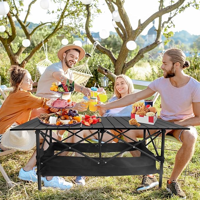 Folding Camping Tables that Fold Up Lightweight,Aluminum Roll Up Camping Table for 4-6 Person Camp Table with Large Storage and Carrying Bag for Outdoor, Picnic, Backyards, BBQ, Beach, 220 Lbs