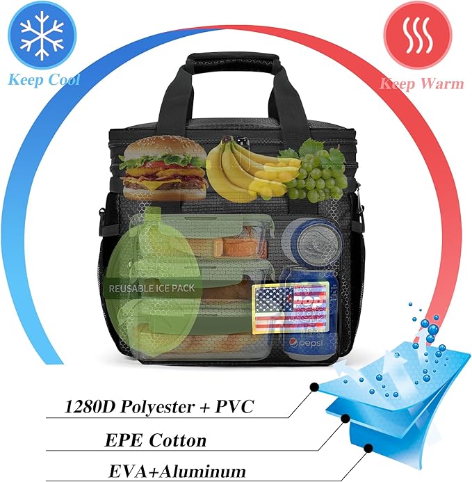 Tactical Lunch Box for Men- Large Insulated Lunch Bag-Expandable Adult Lunch Box with Adjustable Shoulder Strap-Large Lunch Tote Bag for Work Camping Fishing (Black)