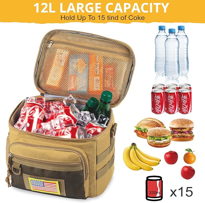 Tactical Reusable Lunch Bag for Men/Women - Insulated Lunch Box Leakproof Lunch Pail Freezable with Adjustable Shoulder Strap,Lunch Cooler Bag for Work Office Picnic Beach，Brown