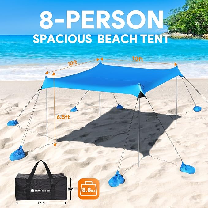Beach Tent Sun Shelter, 10 x 10 FT Beach Canopy Tent Sun Shade Heavy Duty, UPF50+ Beach Tent Canopy with 8 Sandbags & 4 Stability Poles, Outdoor Beach Tent for Beach Camping Fishing, Sky Blue