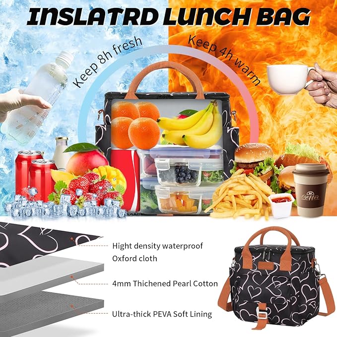 Joymee Large Insulated Lunch Bag for Women Adults, Reusable Waterproof Lunch Box for Work Picnic Camping, Small Lunch Cooler Leakproof Tote with Side Pocket Adjustable Shoulder Strap - Love Heart