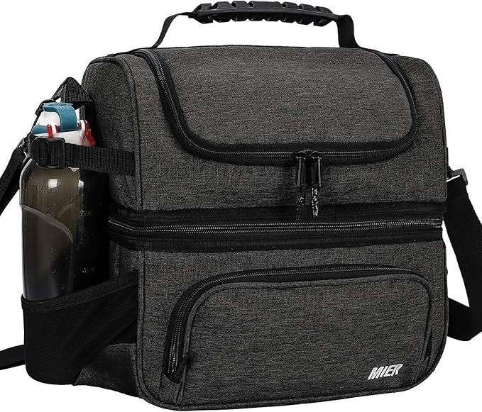 MIER Dual Compartment Lunch Bag Tote with Shoulder Strap for Men and Women Insulated Leakproof Cooler Bag, Dark Grey