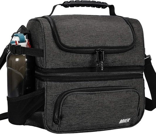 MIER Dual Compartment Lunch Bag Tote with Shoulder Strap for Men and Women Insulated Leakproof Cooler Bag, Dark Grey