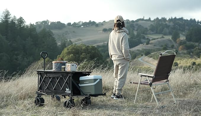 Whitsunday Collapsible Folding Wagon with Table,Heavy Duty Utility Beach Wagons with Opened Tailgate and All-Terrain Wheels for Camping,Garden,Sports Beige