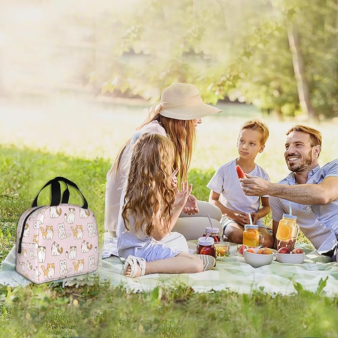 Cute Cartoon Cat Pink Lunch Box,Insulated Lunch Bag for Girls Boys,Reusable Lunch Box for Kids Adults School Student Work Picnic Travel