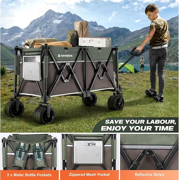 Wagons Carts 440 lbs Foldable Beach Cart with Big Wheel for Sand, Heavy Duty 200L Capacity Collapsible Wagon for Camping, Sports, Shopping, Army Green + Brown