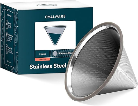 OVALWARE Paperless Stainless Steel Pour Over Coffee Filter – Reusable and Permanent Coffee Cone Dripper for Ovalware, Chemex, Hario and Other Carafes