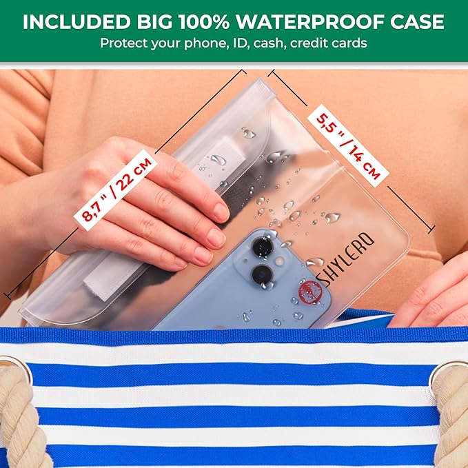 SHYLERO Beach Bag and Pool Bag. Has Airtight Pouch, Ton of Pockets. Beach Tote is Zippered, Water Resistant. Family Size