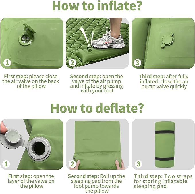 Double Sleeping Pad for Camping, 2 Person Ultralight Inflatable Sleeping Mat with Pillow and Built-in Foot Pump, Portable Camping Mattress for Tent, Backpacking, Hiking, Traveling（Green
