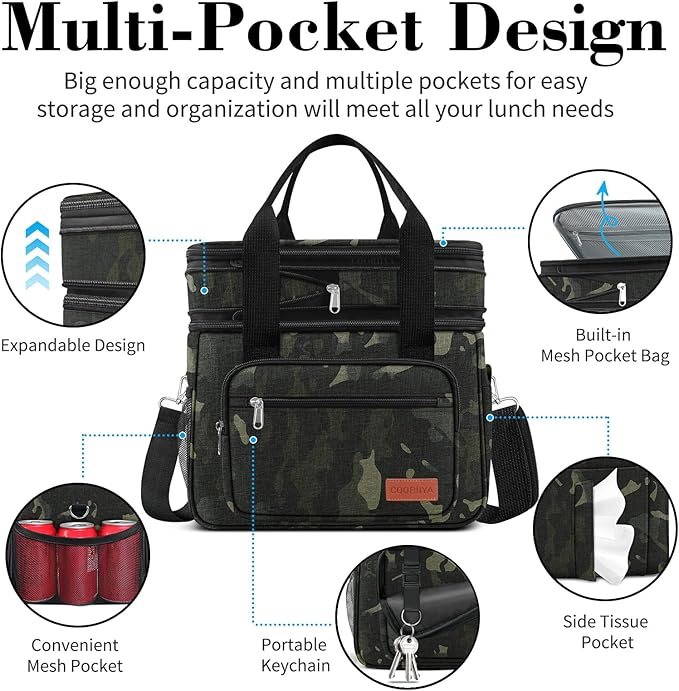 23L Extra Large Expandable Insulated Cooler Lunch Box for Men Double Deck Leakproof Heavy Duty Lunch Bag with 4 Ice Packs&2 Snack Bags for Adult/Construction/Women/Work/Picnic/Camping - Camouflage