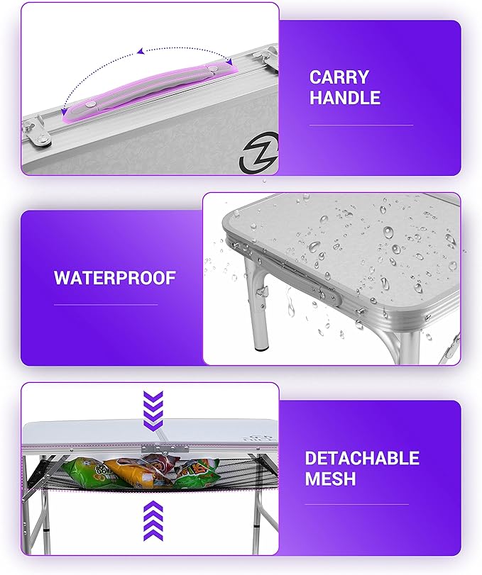 Nice C Card Small Table, Adjustable Height Folding Table, Picnic, Camping, Outdoor, Portable Lightweight Aluminum, with Carry Handle for Beach, Indoor, Office (Large)