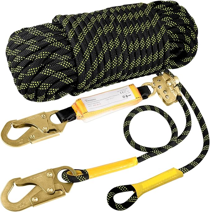 TRSMIMA Rope Harness Safety Lanyard：150ft Vertical Roofing Rope With Grab Snap Hooks Shock Absorber - Fall Protection Tree Climbing Line Kit Heavy Duty Roof Safety Equipment ANSI CE