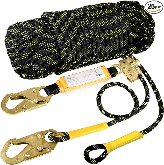 TRSMIMA Rope Harness Safety Lanyard：50ft Vertical Roofing Rope With Grab Snap Hooks Shock Absorber - Fall Protection Tree Climbing Line Kit Heavy Duty Roof Safety Equipment ANSI CE
