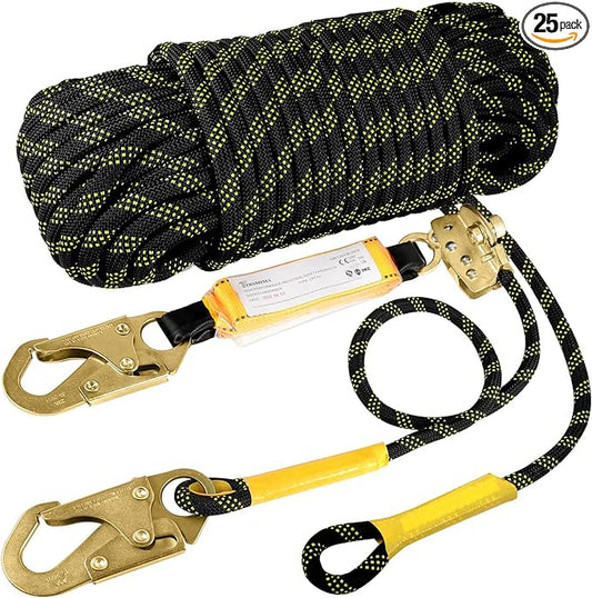 TRSMIMA Rope Harness Safety Lanyard：50ft Vertical Roofing Rope With Grab Snap Hooks Shock Absorber - Fall Protection Tree Climbing Line Kit Heavy Duty Roof Safety Equipment ANSI CE