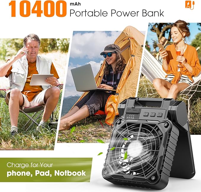 Solar Camping Fan with LED Lantern,10400mAh Rechargeable Battery Powered with Solar Panel and Emergency Power Bank, Perfect Quiet Battery Operated Tent Fan for Picnic, Barbecue, Fishing, Travel
