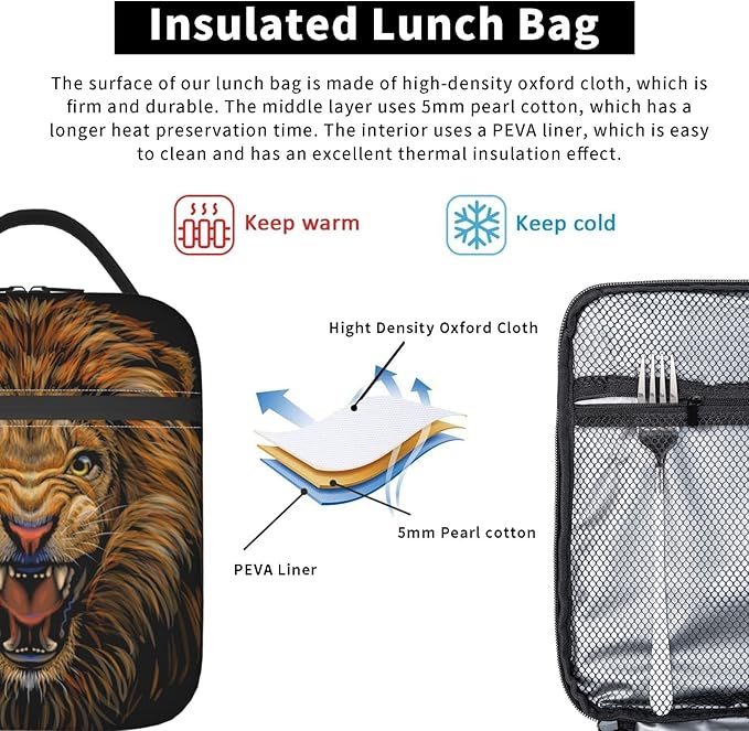 Lion Lunch Box Reusable Insulated Totes Lunch Bag Thermal Cooler For Boy Girls School Men Women Beach Picnic Travel