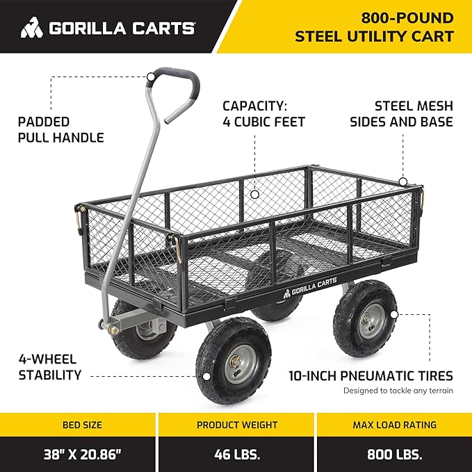 Gorilla Carts Steel Utility Cart, Garden Wagon w/Handle & Removable Sides, Up to 800 Lbs - Heavy-Duty Gardening Equipment for Yard, Lawn, and Outdoor Use