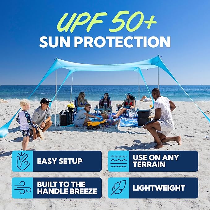 SUN NINJA Beach Tent Shelter with UPF 50+ Protection, Easy Setup Pop Up Shade Canopy for Camping, Fishing, Backyard Fun, Lightweight Aluminum, 7x7.5 FT 4 Pole, Navy