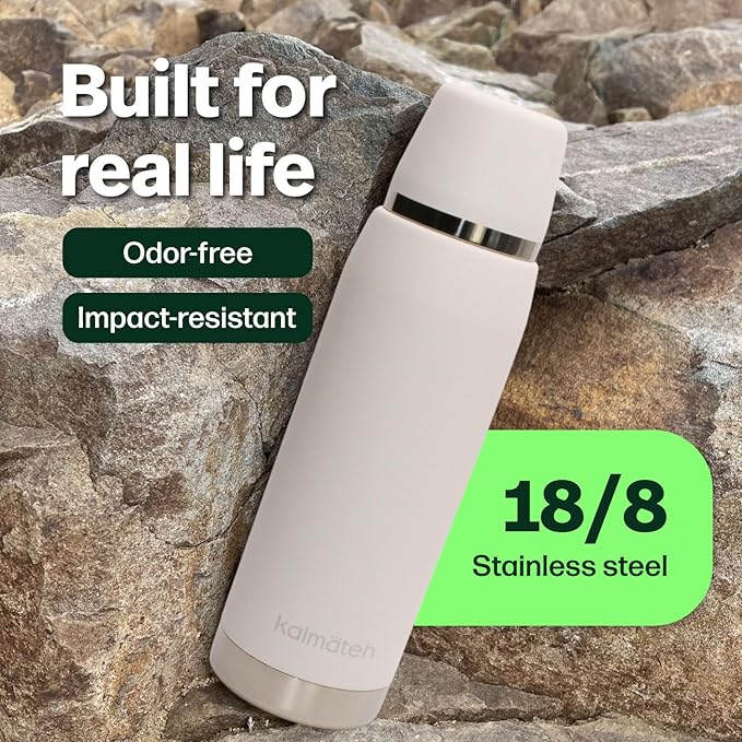KALMATEH Thermal Double Walled Vacuum Insulated Stainless Steel Beverage Bottle 760ml, Precise Pouring & Heat Retention For Coffee, Tea, Yerba Mate and Camping