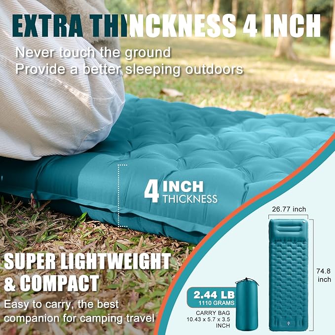 Inflatable Camping Sleeping Pad with Pillow, Extra Thickness 4 Inch Sleeping Mat with Built-in Pump, Compact & Ultralight Camping Air Mattress for Backpacking Hiking Tent Traveling