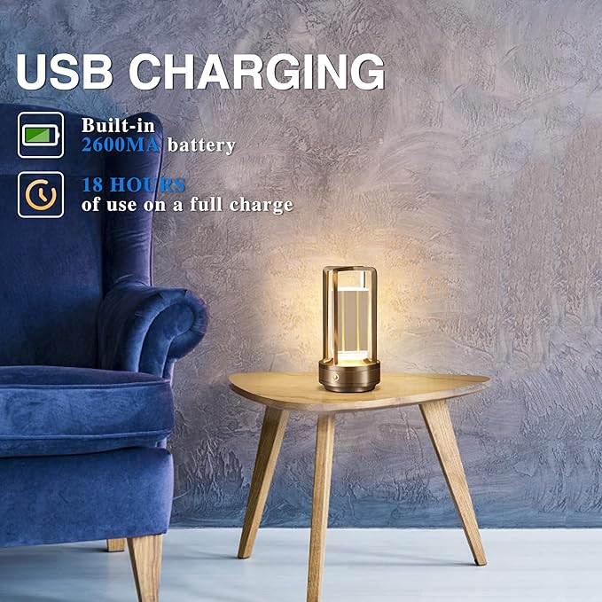 Portable Metal Table Lamp,Cordless Table Lamp, Rechargeable Battery Powered Portable LED Desk Lamp, 3 Color Stepless Dimming Touch, for Bedroom Restaurant Home Outdoor (Silver)