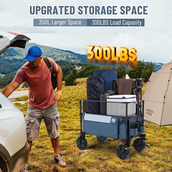 TIMBER RIDGE Foldable Wagon 350L Extendable Height, 300LBS Capasity Collapsible Wagon Cart with All Terrians Detachable Wheels, Compact Folding Utility for Camping, Fishing, Shopping (Blue)
