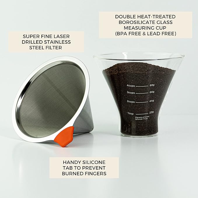 Reusable Coffee Filter for Pour Over Coffee Maker | Dual Layered Pour Over Mesh Filter with Glass Rest | Stainless Steel Coffee Filter & Glass Measuring Cup