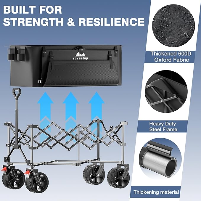 Heavy Duty Collapsible Beach Wagon with Big Wheels – All-Terrain Foldable Utility Cart, 166L Capacity, 450lbs Load Folding Wagon for Sand, for Outdoor, Gardening, Camping, Sports, and Grocery