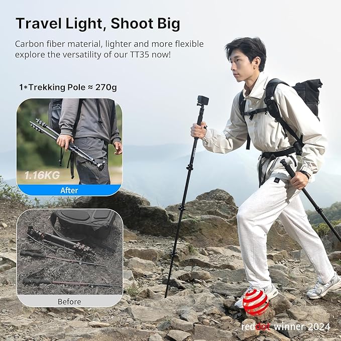 ULANZI TT35 57.48" Camera Monopod Tripod Carbon Fiber, 5 in 1 Multifunction DSLR Cam Travel Tripod Stand Lightweight Portable 360°Ball Head Detachable Trekking Poles