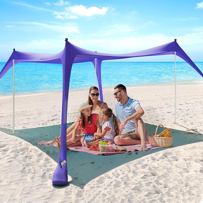 Beach Tent - 10 x 10 FT Beach Canopy, Portable Beach Tent Sun Shelter UPF50 with 4 Sandbags, Stability Poles, Ground Pegs and Anti-Wind Ropes, Outdoor Beach Shade Canopy for Beach Camping Picnics