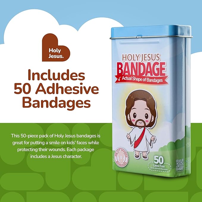 BioSwiss Bandages, Holy Jesus Shaped Self Adhesive Bandage, Latex Free Sterile Wound Care, Fun First Aid Kit Supplies for Kids and Adults, 50 Count