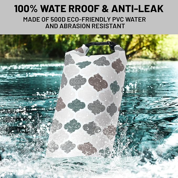 Waterproof Dry Bag,Roll Top Retro Gray Moroccan Geometric Small Waterproof Backpack 5L/10L/20L Floating and Lightweight Bags for Kayaking, Boating, Fishing, Swimming and Camping