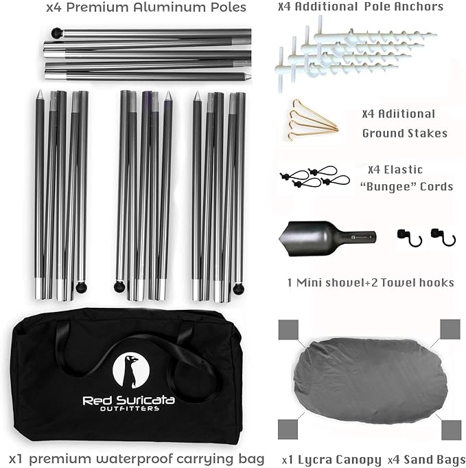 Red Suricata Family Beach Tent & Canopy, UPF50 Sun Shade, 4 Aluminum Poles, Sand Shovel, Large Portable Sun Shelter