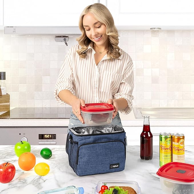 opux Insulated Lunch Bag for Men Women, Soft Lunch Box for Office Work School Picnic, Leakproof Lunch Cooler Bag with Shoulder Strap for Kid Adult Boy Girl, Medium Lunchbox Lunch Tote (Heather Navy)