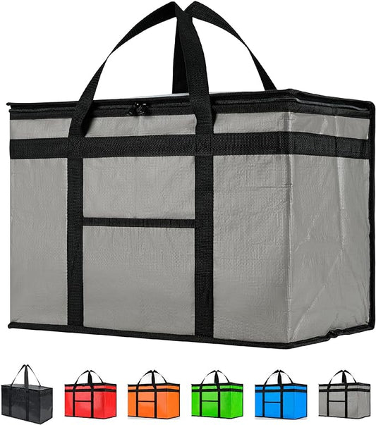 NZ home Durable XXL PRO Insulated Cooler Bag and Food Warmer for Delivery & Grocery Shopping with Zippered Top, Gray Commercial Grade (1 Pack)