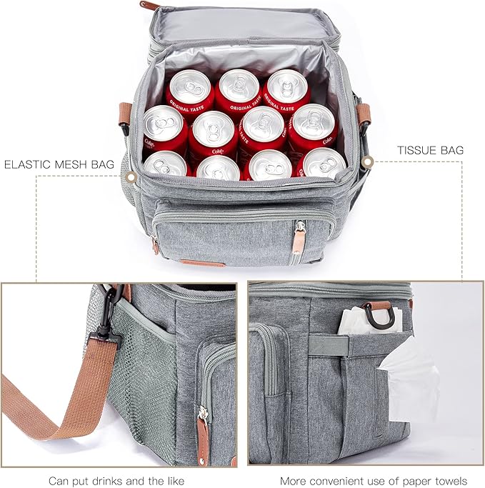 Men's and Women Double Compartment Lunch Bag, Insulated Lunch Cooler Tote 2 Roomy Large Reusable Water-resistant Lunch Box (Grey)