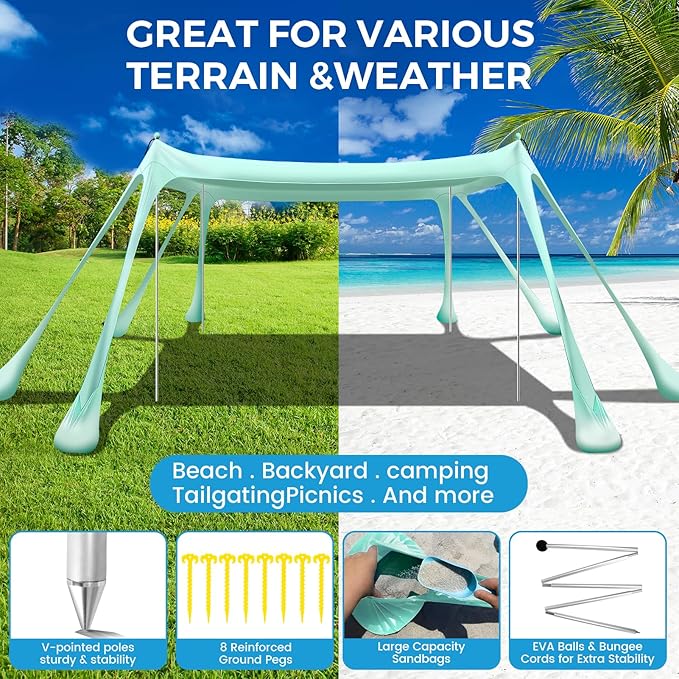 Large Beach Tent Canopy Pop Up Shade 10x10ft Sun Shelter Portable with UPF50+ UV Protection 8 Sandbags 4 Aluminum Poles 2 Sand Shovel Ground Pegs Carrying Bag for Outdoor Camping Fishing Yard Picnics