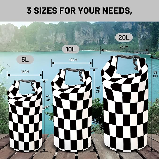 Waterproof Dry Bag,Roll Top Black and White Checkered Flag Small Waterproof Backpack 5L/10L/20L Floating and Lightweight Bags for Kayaking, Boating, Fishing, Swimming and Camping