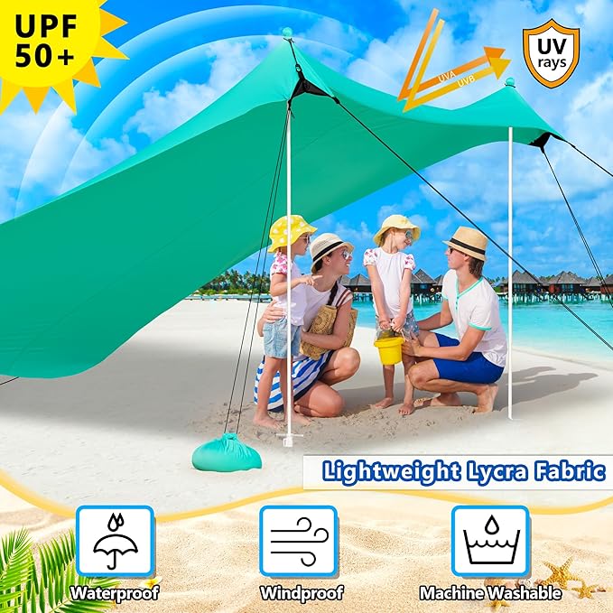 Camping Tent UPF50+ with 8 Sandbags, Beach Shade Canopy with Stability Poles and Big Ground Pegs, Pop Up Canopy for Camping, Picnics, 12X12FT Green
