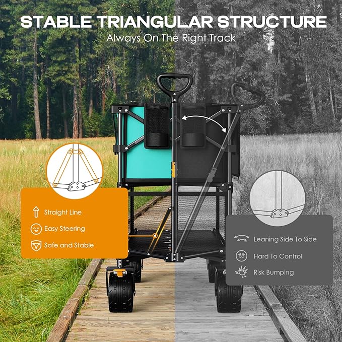 Foldable 50''L Extra Long Double Decker Wagon for Sport, 400L Collapsible Heavy Duty Wagon Cart with Big Wheels, Utility All-Terrain Large Extender Cart for Outdoors, Light Blue