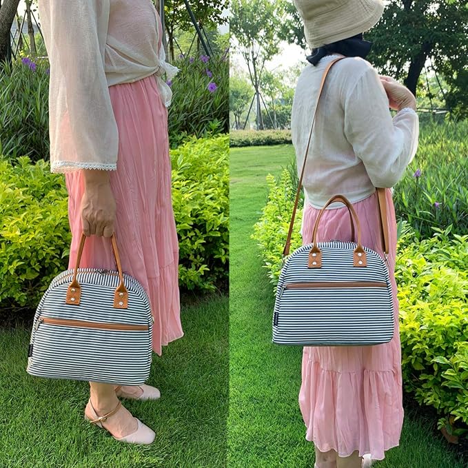 FlowFly Insulated Lunch Bag With Shoulder Strap for Women, Men, and Kids, Large and Reusable, Handle, Freezable Work and School Travel Tote and Meal Prep Organizer,White and Black Stripes