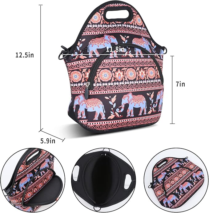 Violet Mist Neoprene Lunch Bag with Pocket Shoulder Strap for Women Men - Elephant Food Handbag Tote
