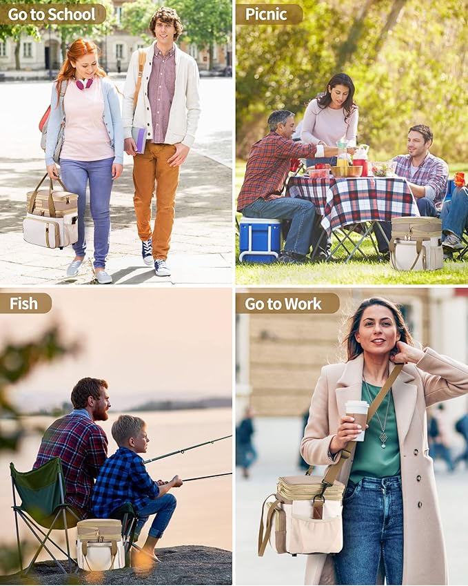 LOKASS Lunch Bag for Women/Men Work, 16L Expandable Double Deck Lunch box, Waterproof Leak-proof Cooler Bag, Portable Meal Prep Lunchbag with Adjustable Shoulder Strap - Brown