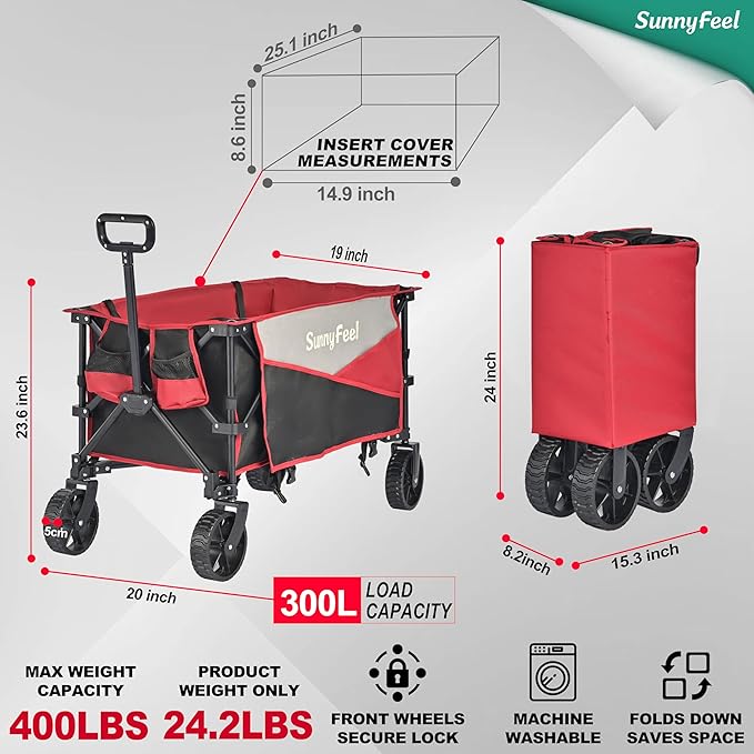 SunnyFeel Heavy Duty Collapsible Outdoor Utility Wagon Cart 300LB Capacity Adjustable Handlebar,Foldable Beach Wheels Stable Durable Oxford Fabric for Shopping Garden Camping (Black & Red)