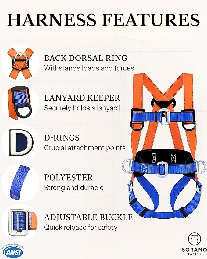 Sorano Safety Harness Fall Protection Kit, Full Body Roofing harnesses with Shock Absorbing Lanyard for Men, Fall Protection Harness for Construction Arneses De Seguridad Para Construcción, OSHA/ANSI