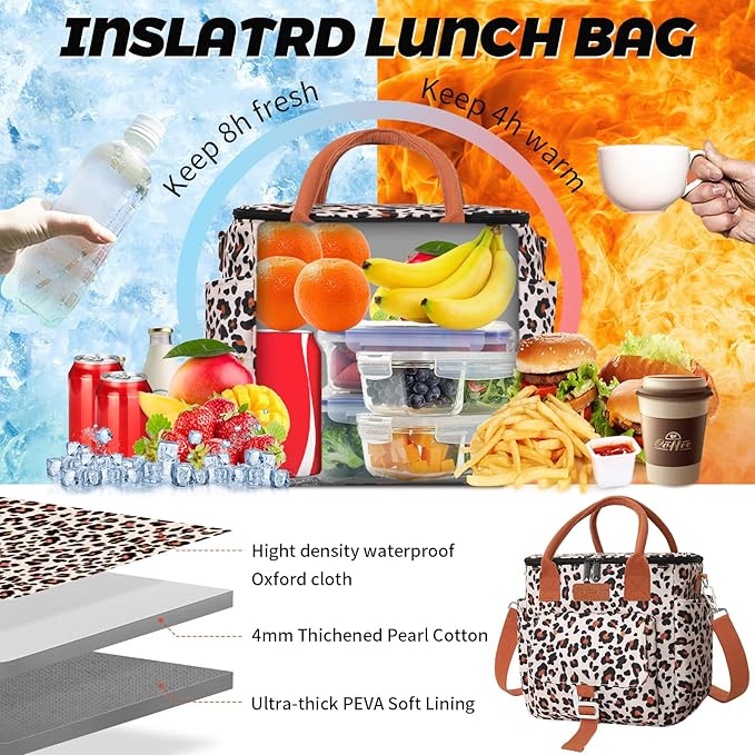 Joymee Insulated Lunch Bag for Women/Men, Waterproof Lunch Box for Office Work Picnic Beach, Reusable Large Leakproof Cooler Tote Bag with Adjustable Shoulder Strap & Side Pocket, Leopard Print